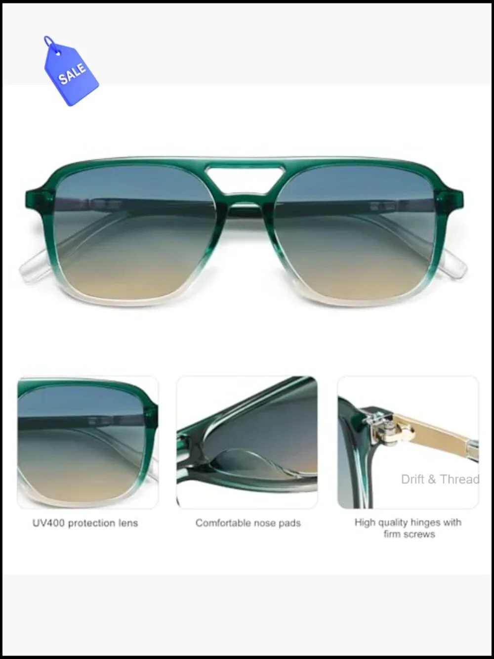 Retro Aviator Sunglasses UV400 Protection Unisex Classic Rectangle Shades